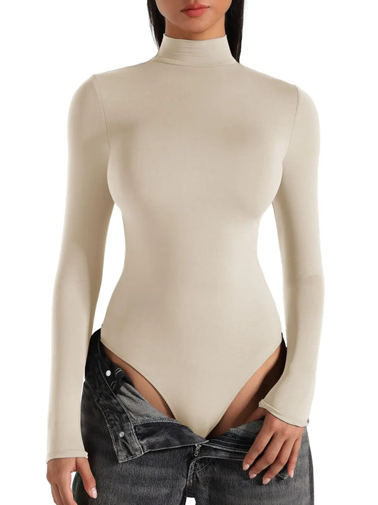 Women's Turtle Neck Long Sleeve Bodysuits Basic Slim Fit Double Lined Lightweight Layering Fall Winter Tops