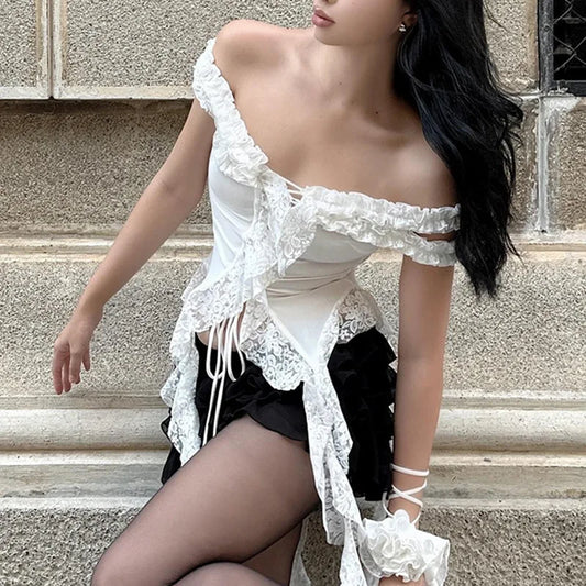 Hollow Out Lace Crop Top Women Sexy Off Shoulder Bodycon Bandage Slim Tank Tops Ladies 2024 Folds Lace-up T-shirts Femme