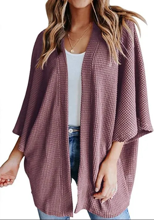 Oversized casual cardigan, women's plus size waffle knit cardigan with three-quarter length sleeves YD63 4