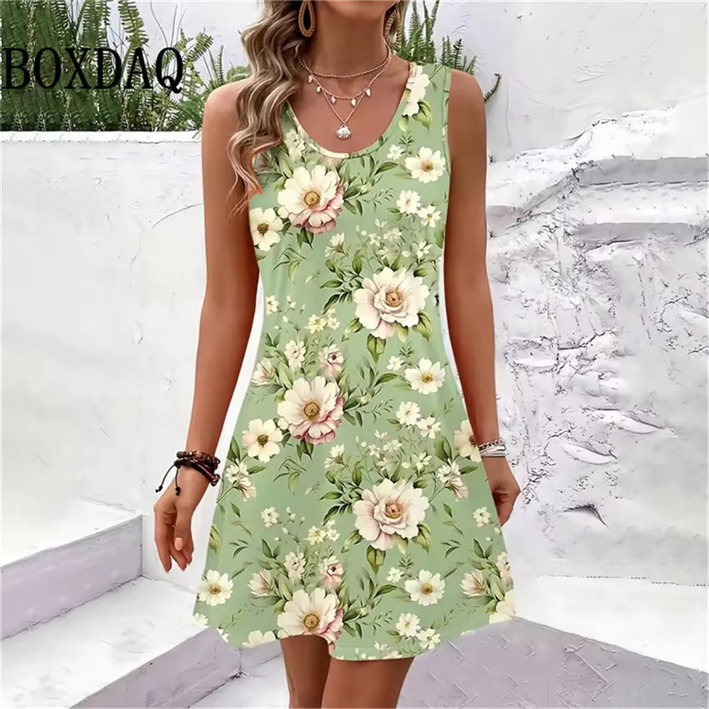 New Women Summer Sleeveless Bohemian Dress Sundress Loose Print Vacation Dress for Casual Beach Dress For Women Fashion Clothing HWX422 CHINA