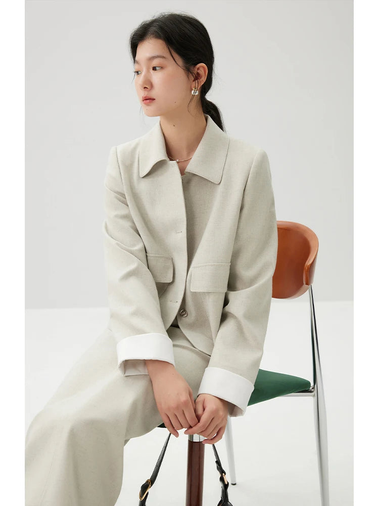 ZIQIAO Apricot Temperament Polo Neck Short Single Breasted Blazer Coat High Waist Zipper Waist Women Skirt 24ZQ91167+24ZQ91168