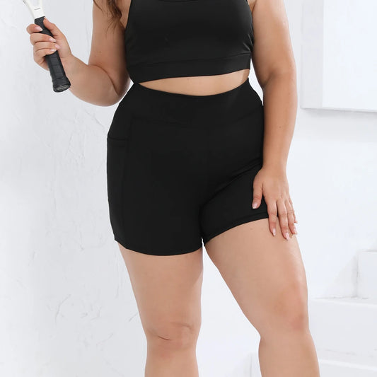 Plus Size High Waist Yoga Shorts for Women With Side Pockets Black Sports Gym Fitness Workout Running Pants 0XL-4XL
