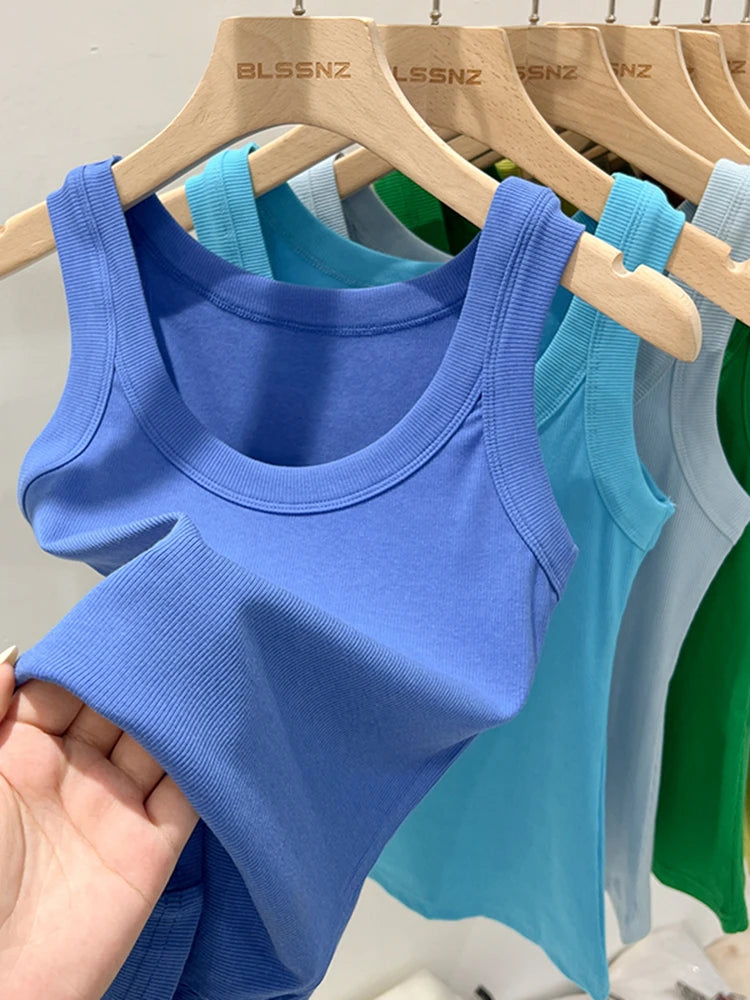 zjaiss Women Solid Round Neck Ribbed Tank Top Camisole Women 2025 Summer Basic Elastic Tank Top O Neck Solid Tank Top Blue