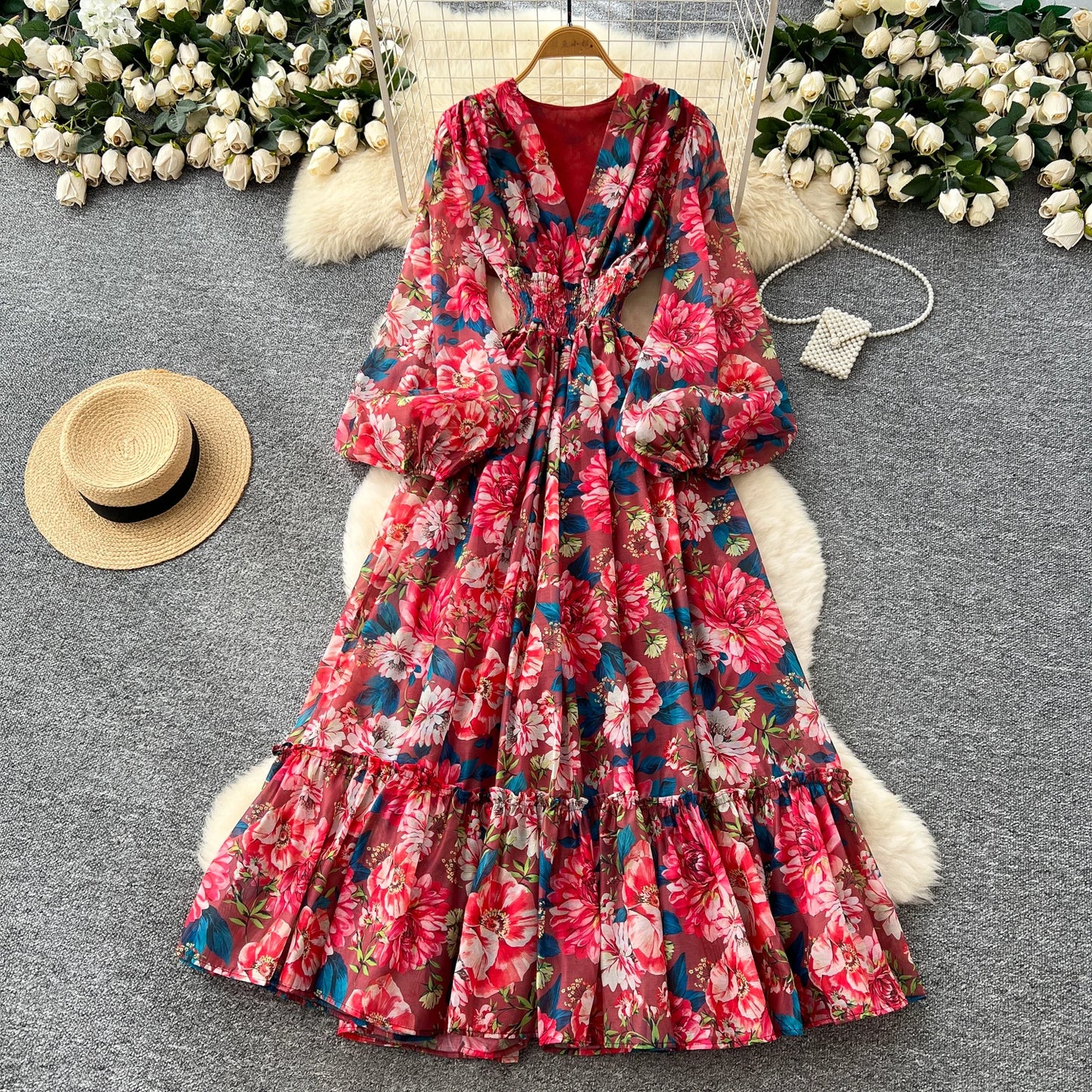 Chic vintage long sleeve lantern sleeve V-neck print pleated Elegant Fairy korean dress women clothing Long dress Red One Size