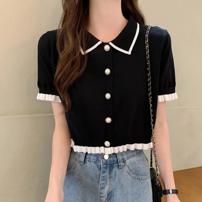 Sweet Women Shirt Korean Knitted Turn Down Collar Chic Short Sleeve Female Blouse Summer Retro Slim All Match Ladies Crop Tops black