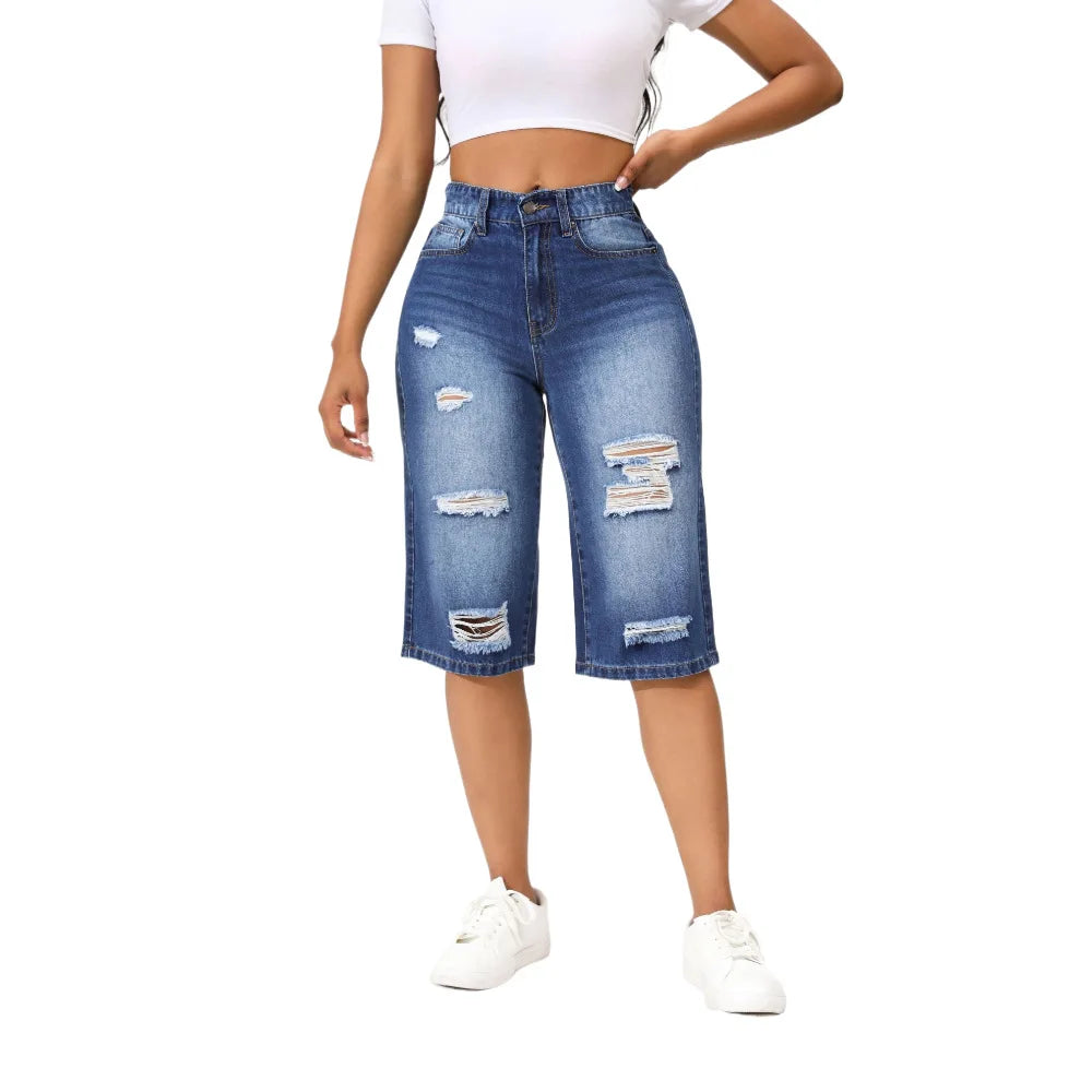 2025 Summer New Calf-Length Jeans For Women Fashion Ripped Slim Fit Butt Lift Denim Straight Legs Casual Clothing 8259