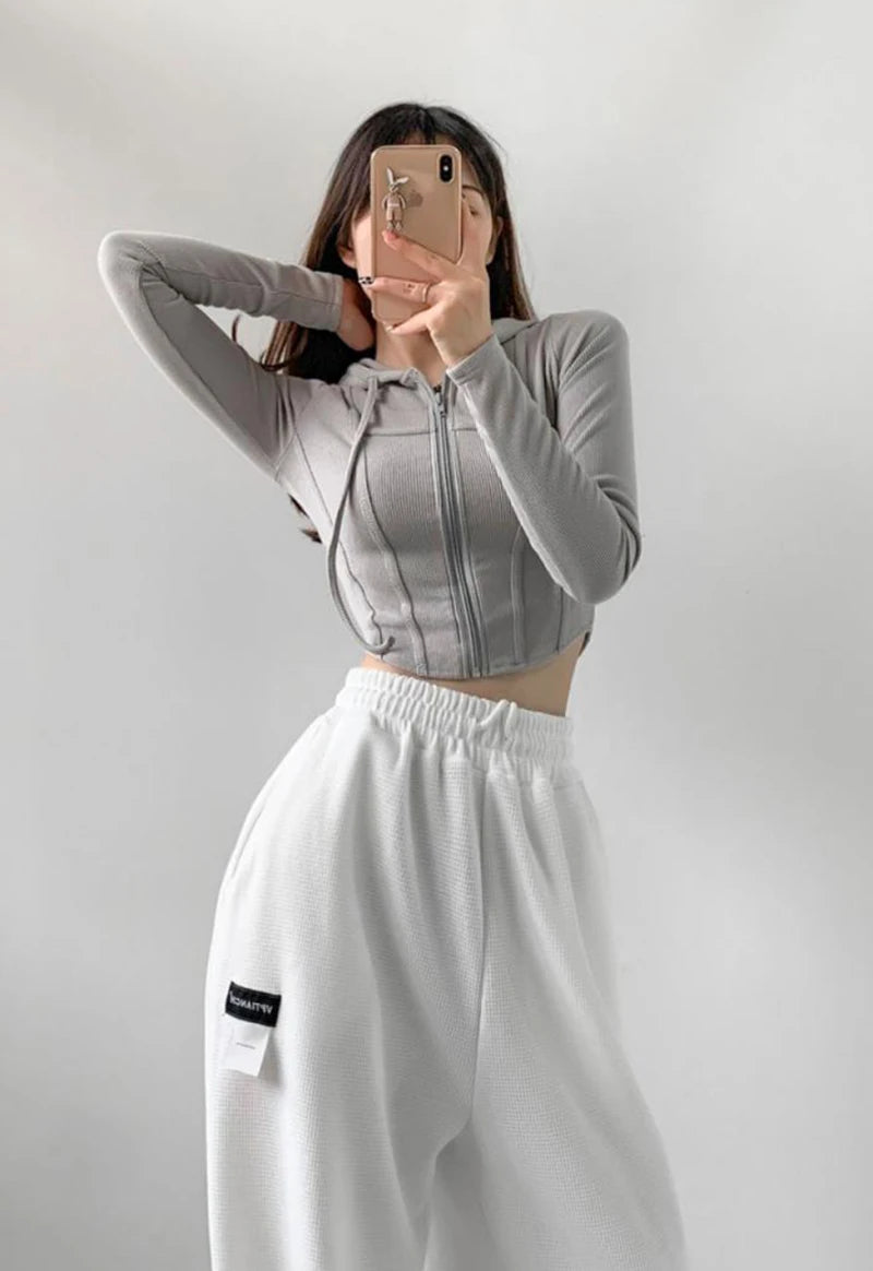 Thin Hooded Cardigan Women Korean Vintage Slim Summer Solid Sports Jacket Vertical Pit Stripe Zipper Female Sexy Cropped Tops