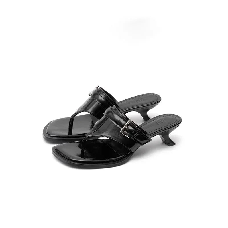2025 New French Small Cool Drag Square Toe Flip Flops Stiletto Slippers for Women black