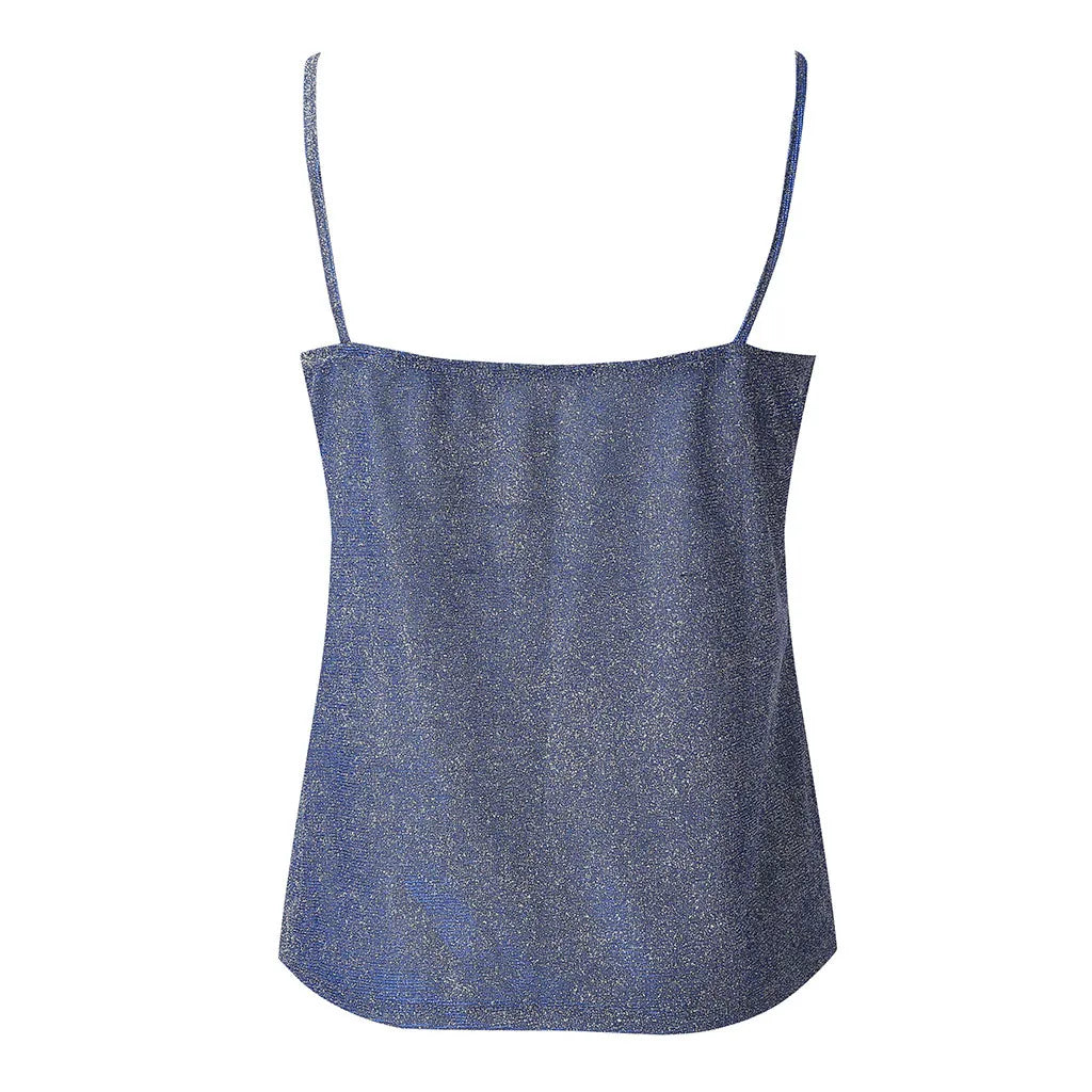 Women’s Solid Color V-Neck Tank Tops Ladies Glitter Strappy Sexy Cami Swing Vest Clubwear Fashion Canottiera Donna Estiva