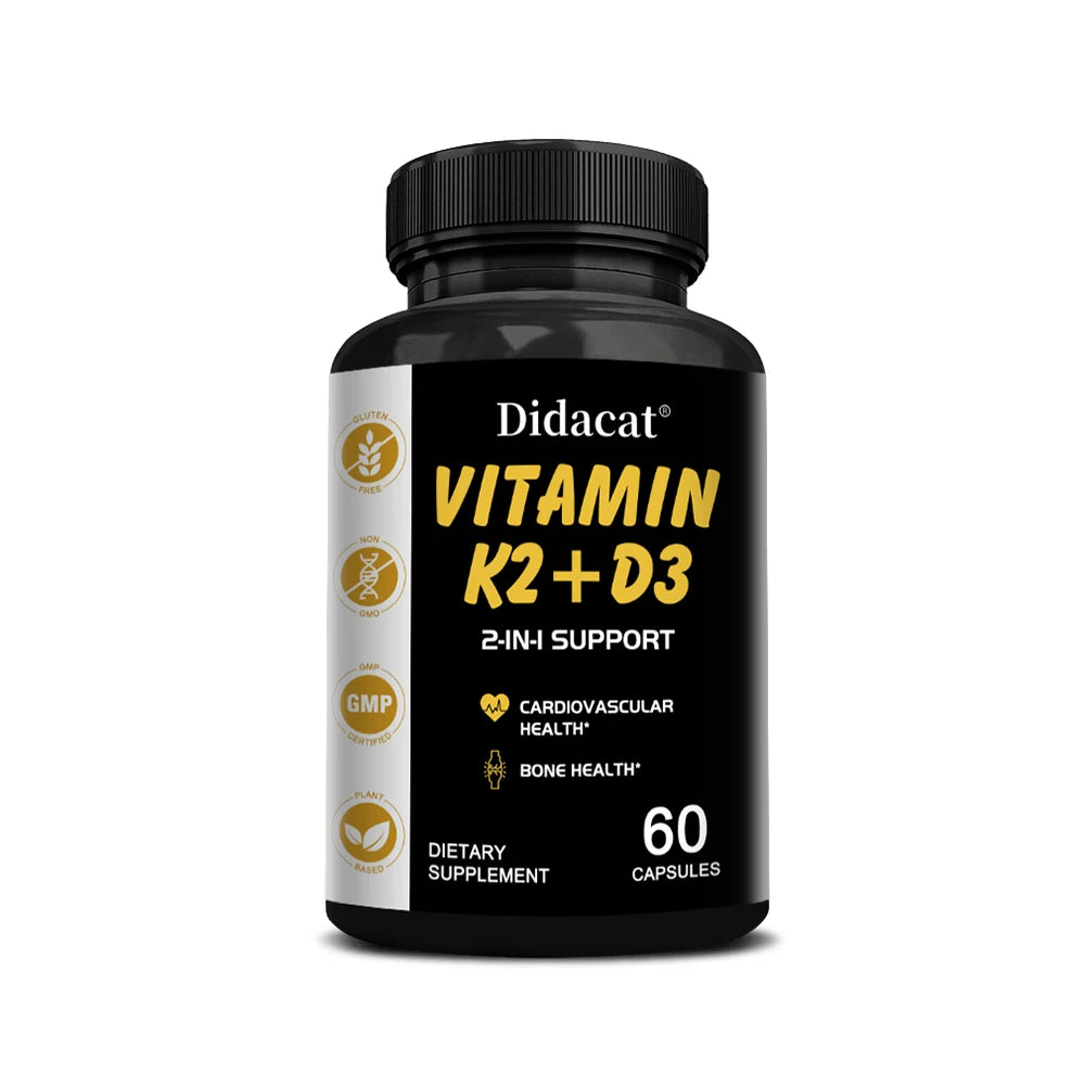 Didacat Vitamin D3+K2 Capsules, Support Calcium Absorption Bone Teeth Heart Brain Health Joints Immune Function 60 count-1 bottle