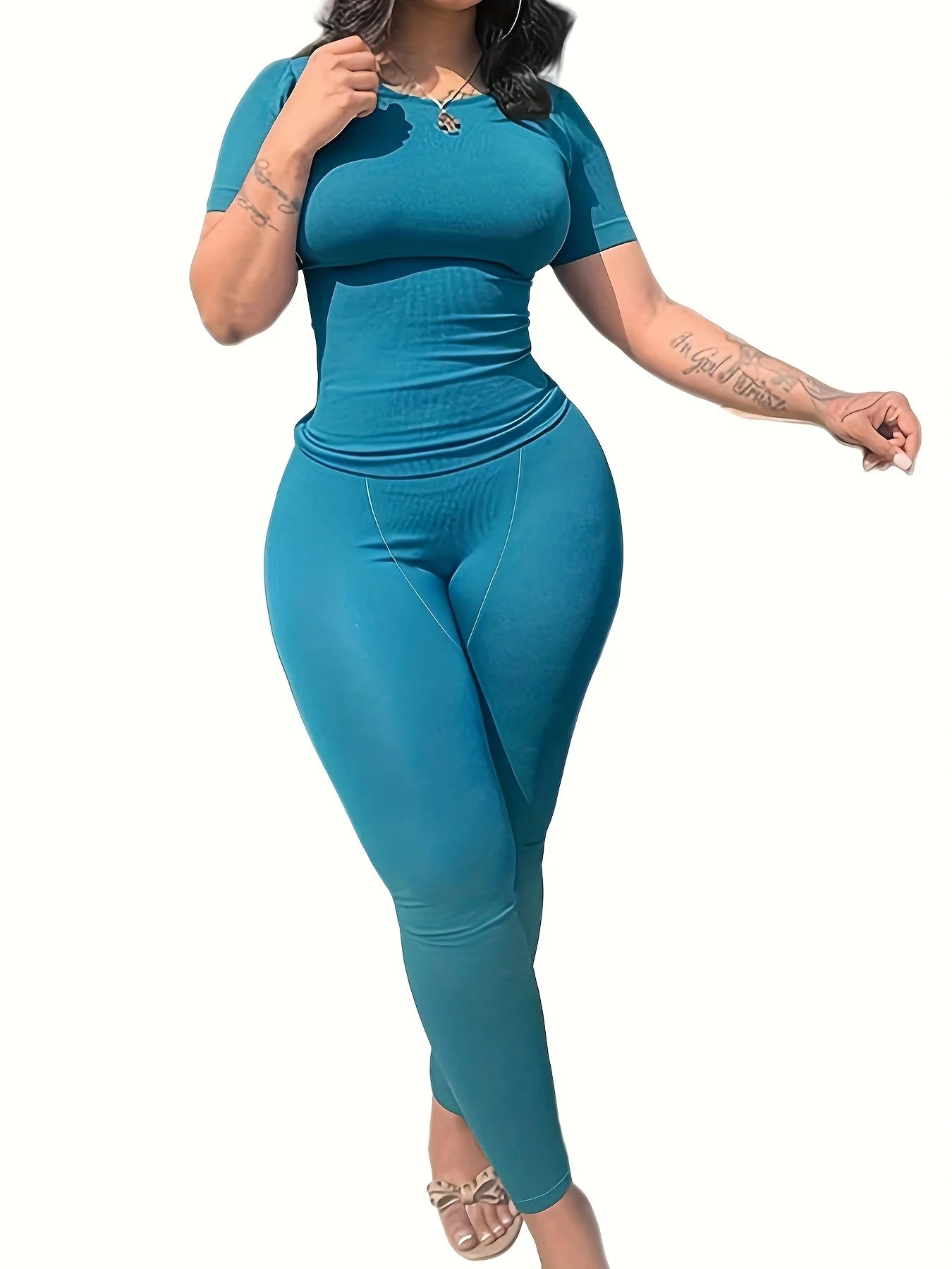 New style Lounge Wear Ribbed Casual 2 Piece Summer Shorts Set For Women Sleeve Top+Elastic Leggings Outfits Blue