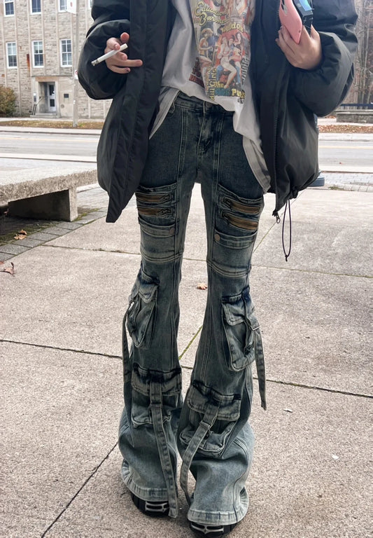 Women Abi Harajuku Y2K Streetwear Pantalones Low Rise Denim Goblin Core Flare Cargo Pants Jean Bell-Bottom Japanese Long Trouser