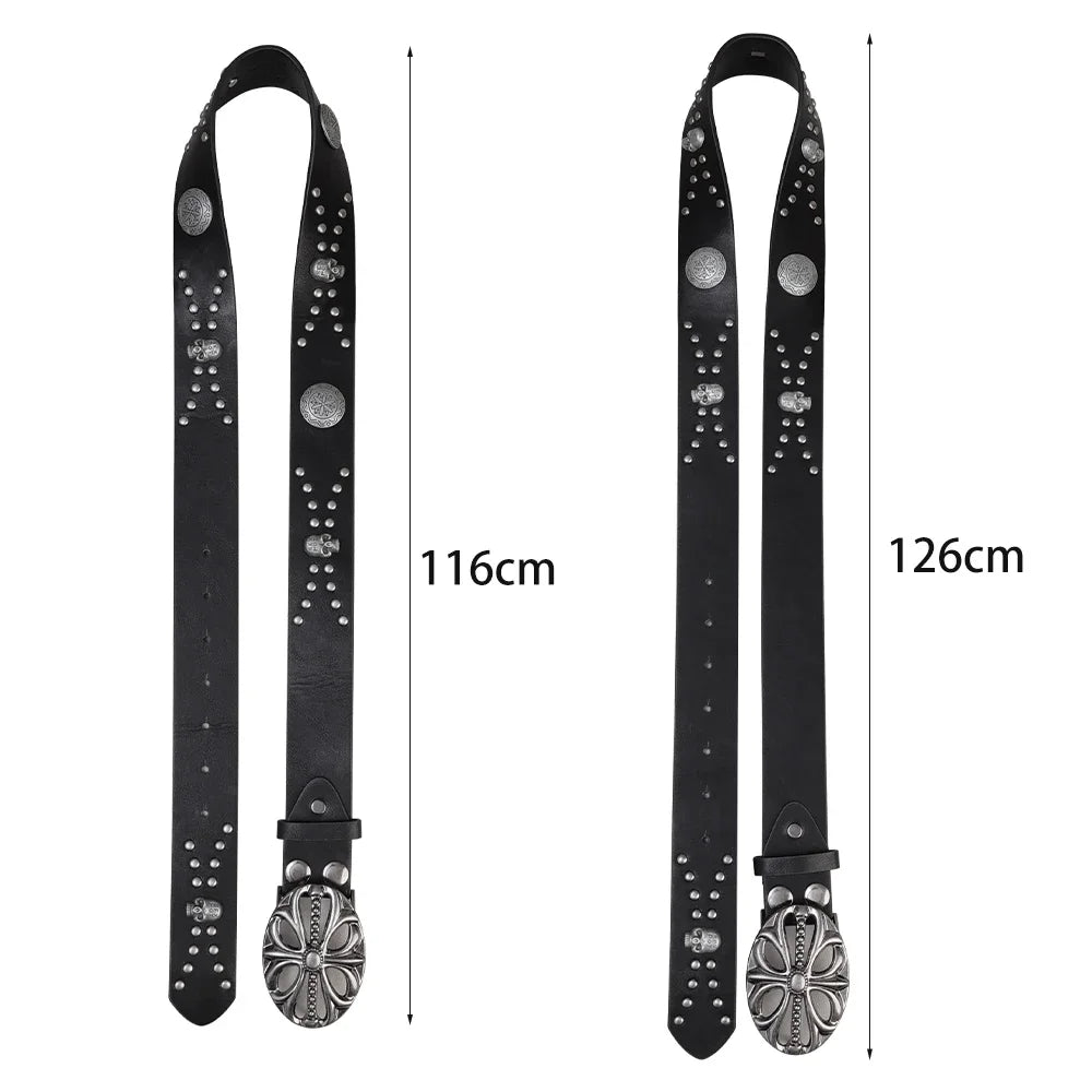 New Men's Belt Bohemian Style Vintage Inlaid Skeleton Head Women's Belt Riveted Belts Six Star Belt Punk Rock Sexpot Y2K Belts