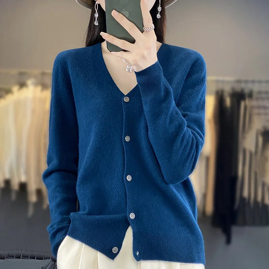 100 Merino Wool Knitted V-neck Sweater Women's Top Loose Korean Version Fashionable Versatile Autumn And Winter Cashmere Sweater