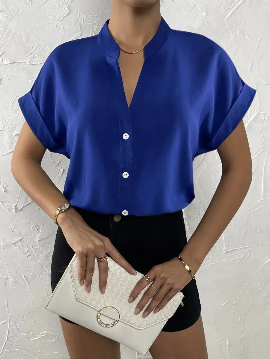 Women Solid Folds PU Leather Button Turn Down Collar Bodycon Working Black Blouse Tops Blue