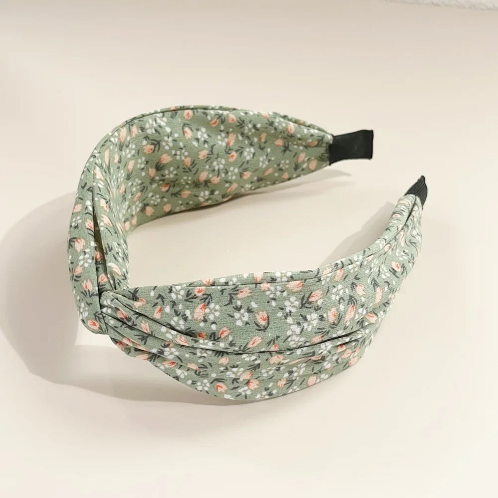Bohemian Floral Cross Headband Women Wide Bands Hair Hoop Styling Tool Fabric Flower Print Vintage Headwear Accessories Summer Green