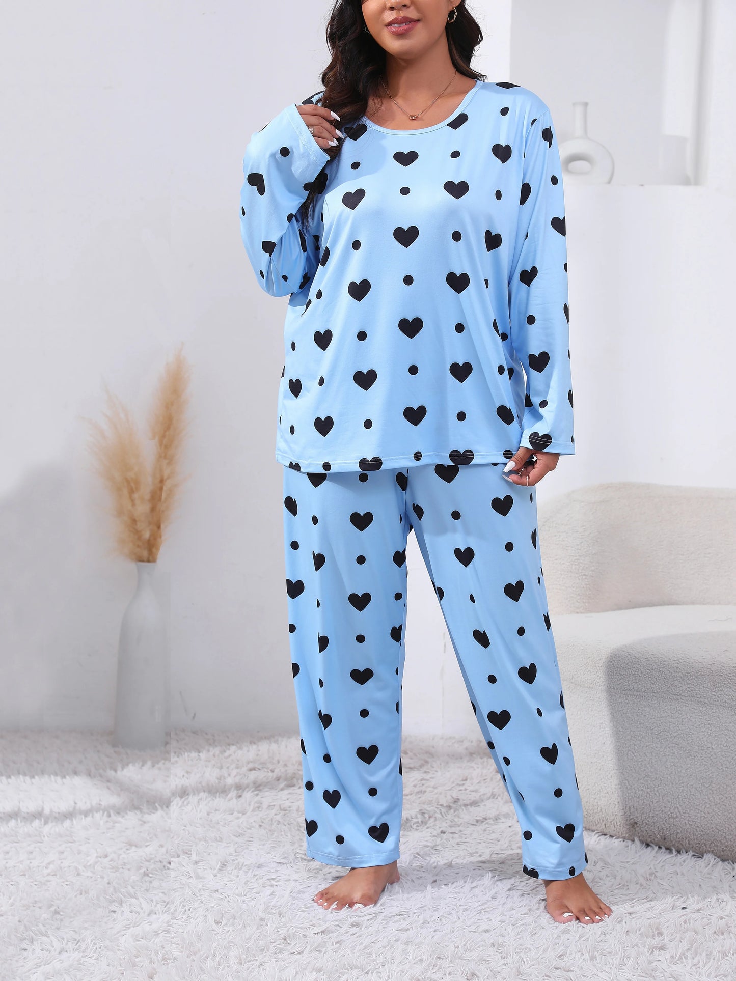 Plus Size Women's Heart Print Long Sleeve T-Shirt And Pants With Elastic 2pc Pajama Set,Women Round Neck Top and Trouser Pajama SKY BLUE