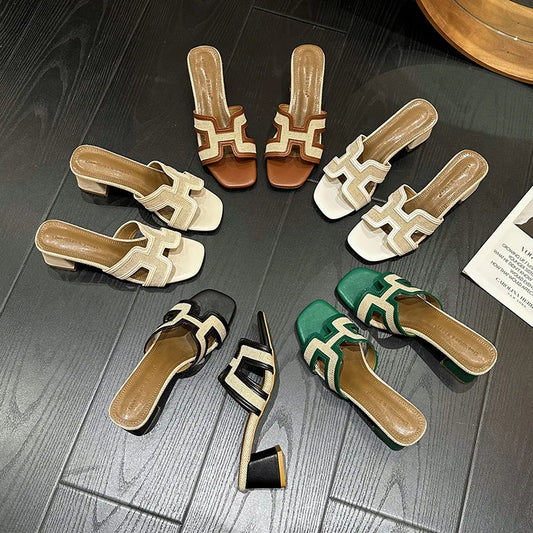 2025 Summer new arrival,fashion style grids high heel slippers for woman,thick heel outwear beach sandals for women