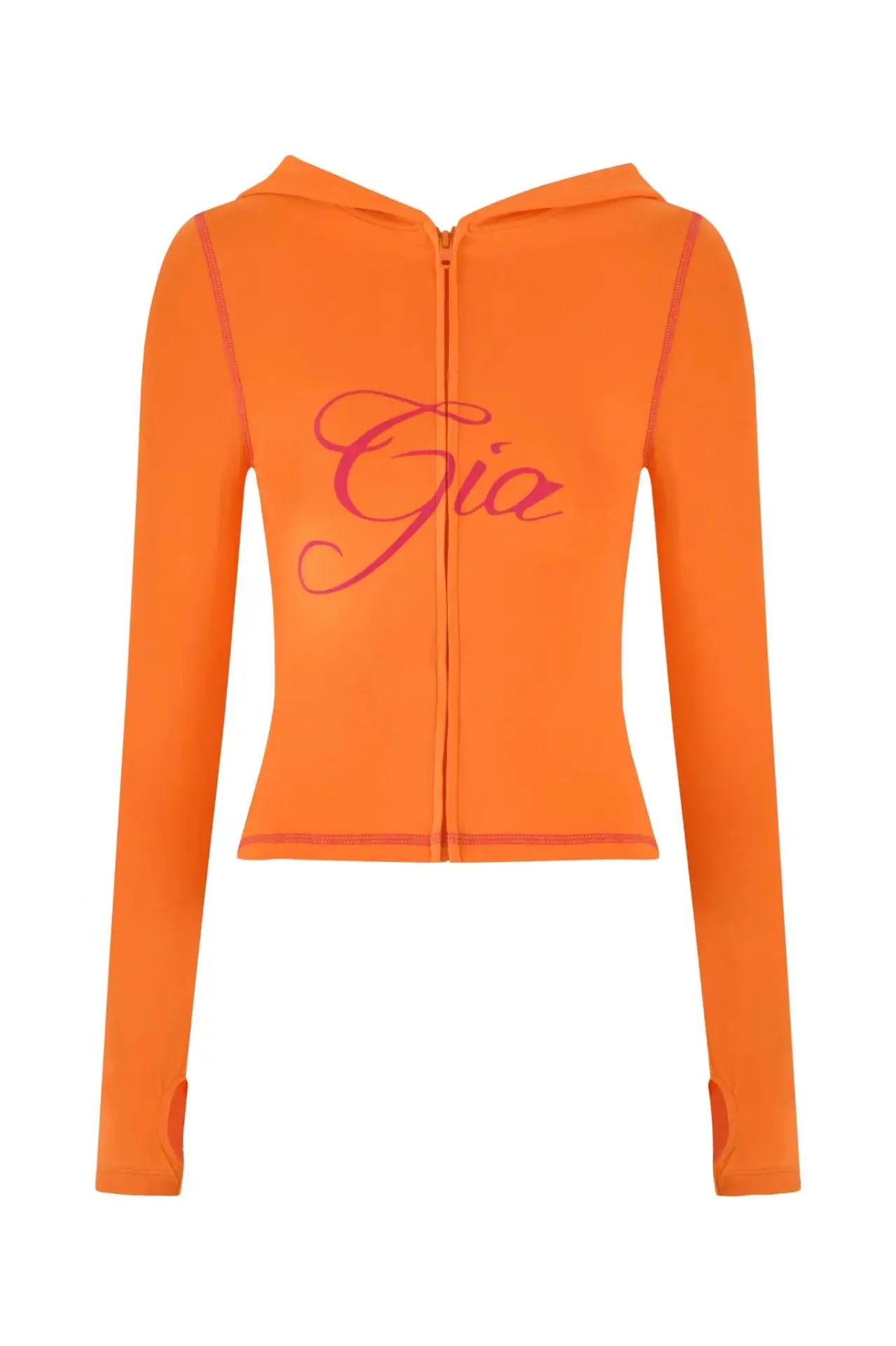 slim fit shoulder floral print bright line design slim fit hooded zipper short jacket pants for women orange top