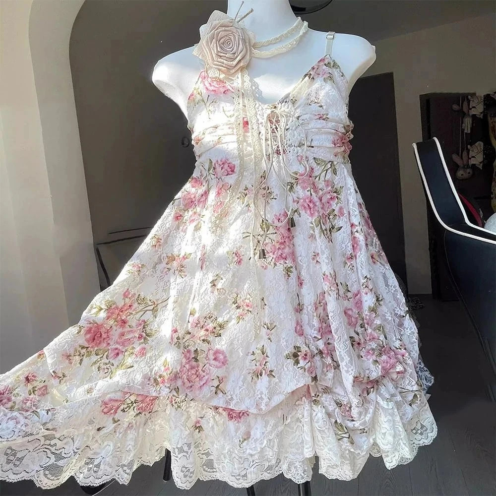 2000s Gothic Vintage Mini Dress Women Sleeveless Strap Party Dress Evening Lace Retro Cltohing Japanese Y2k Black Chic 6007 White