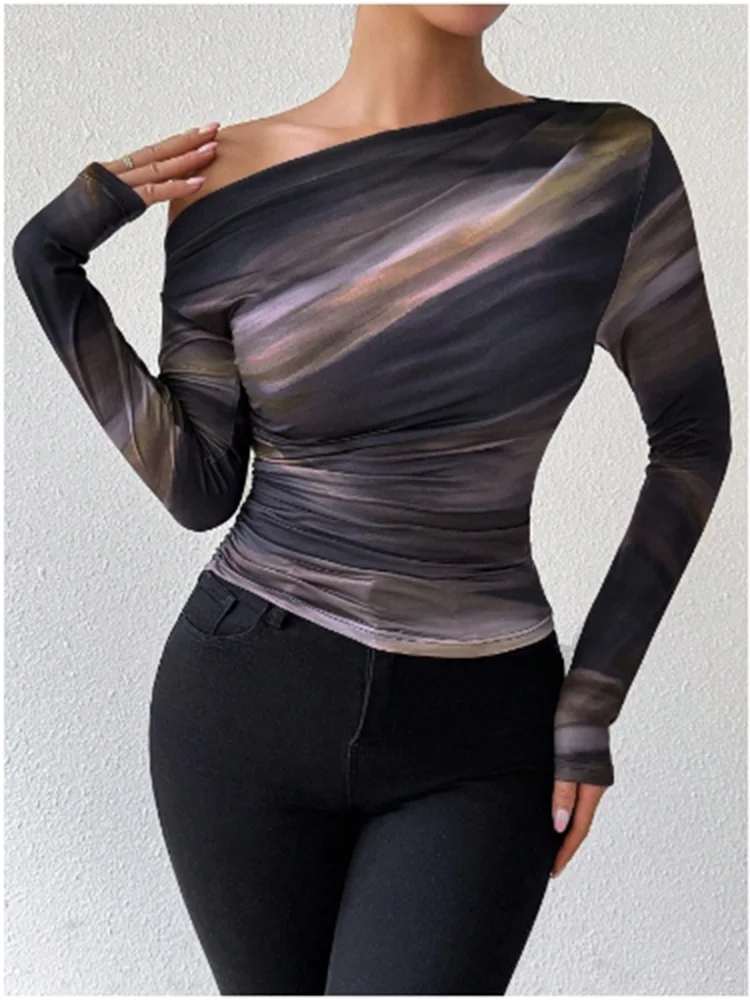 Y2K Slim Fit Long Sleeved Diagonal Collar Printed T-shirt Women's Fashionable Street Sexy Versatile Autumn Top