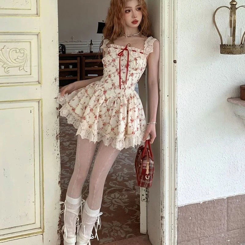 Y2K Sweet Floral Dress Set Woman Casual Red Short Cardigan Elegant Lace Mini Dress Female Korean Prairie Chic Clothing Suit