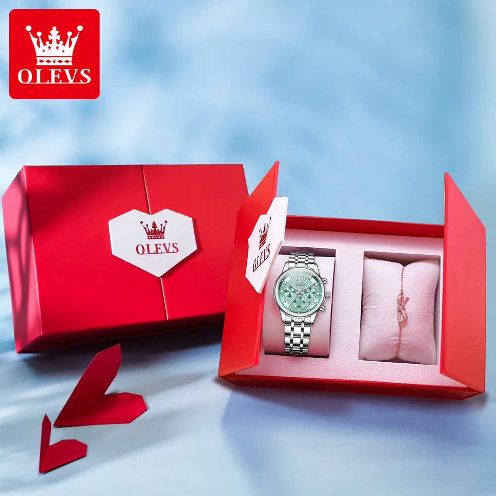 OLEVS 3669 Women Watch Luxury Multifunctional Chronograph Quartz Watch Waterproof Luminous Ladies Watch Box Gifts Bracelet Set Silver Blue Set CHINA Yes