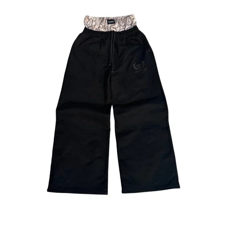 Y2K Trend Sweatpants Camouflage Embroidered Pattern Streetwear Men Women Clothing Retro Camo Baggy Pants Unisex Wide Leg Pants black