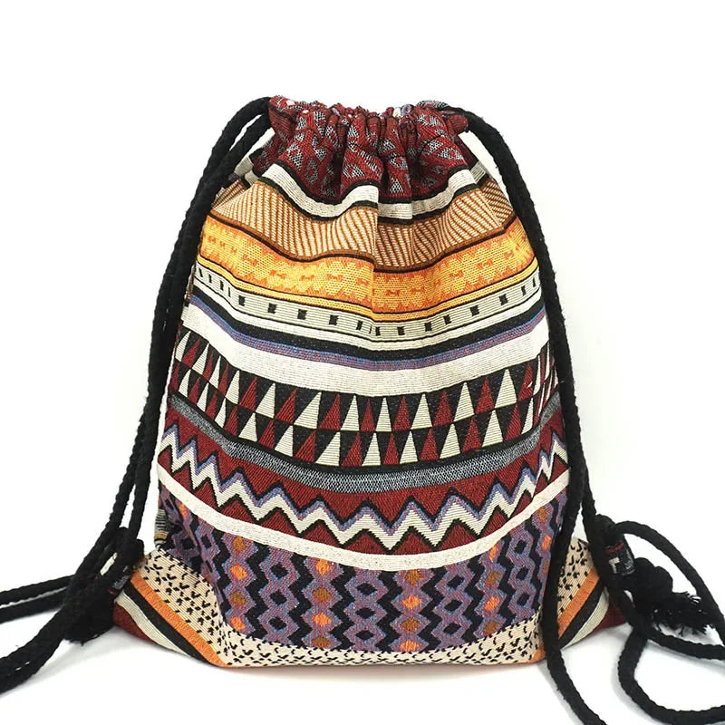 2025 Women Fabric Backpack Female Gypsy Bohemian Boho Chic Aztec Ibiza Tribal Ethnic Cottage Soft Brown Drawstring Rucksack Bags NO 13