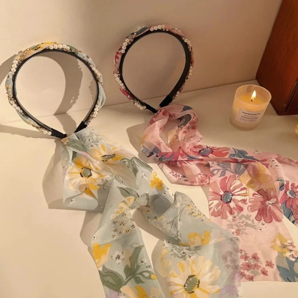 Retro Silk Scarf Headband Floral Print Pearl Braided Hairband Adjustable Bow Non Slip Ribbon Hairband for Women Girls Kid