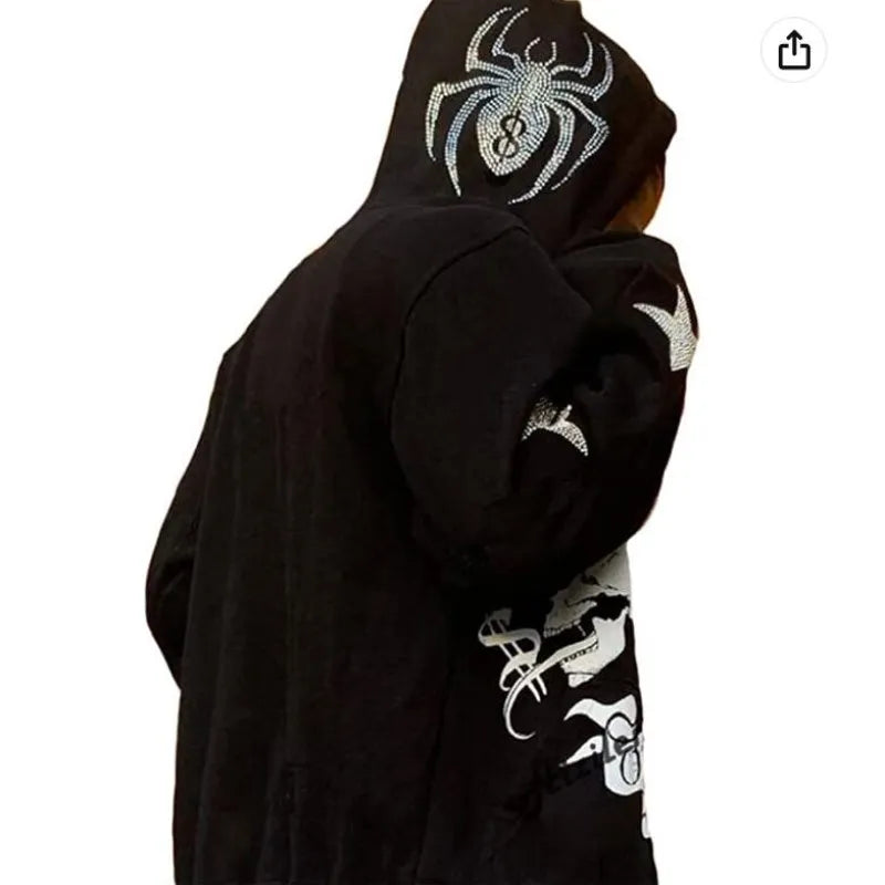 Y2K Rhinestone Cobweb Zip Up Oversized Sweatshirt 2022 Autumn Goth Hoodie Men Women Grunge Hooded Jacket Streetwear Y2K Clothing