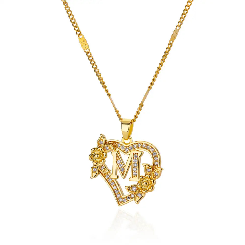 Zircon Flower Heart Initials Necklaces For Women Stainless Steel Heart Lover Gold Color Letter Chain Collar Necklace Jewelry M CHINA