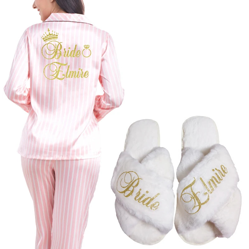 2 Piece Personalized Name Women Sleepwear Faux Silk Satin Pajamas Set Long Sleeve Sleepwear Pajamas Suit Female Homewear Pajamas shoe