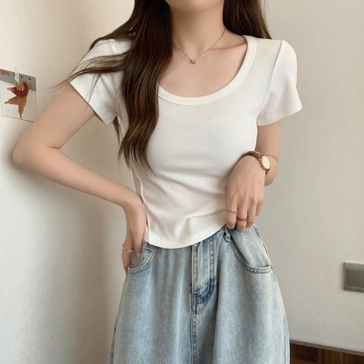 Y2K T-shirt Women V-neck Irregular Short Sleeve Crop Top New Korean Fashion Slim High Waist Solid Tee Shirt Woman Sexy Clothes