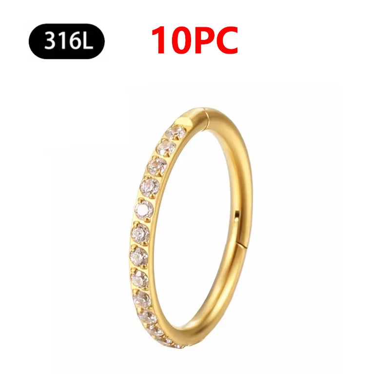 1/10Pc Stainless Steel Nose Ring CZ 16G Hinged Septum Clicker Segment Ear Tragus Cartilage Daith Lip Nose Body Piercing Jewelry 10Pc Gold Zircon