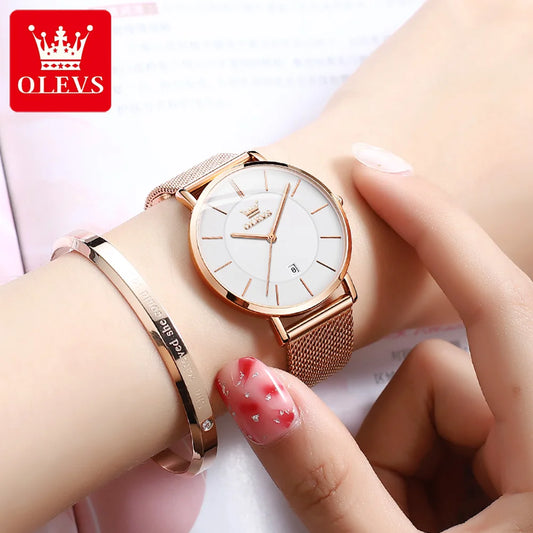 OLEVS Watch For Women Japan Quartz Movement 6.5mm Case Thickness Waterproof Ladies Hand Clock Calendar Fashion Dress Wrist Watch