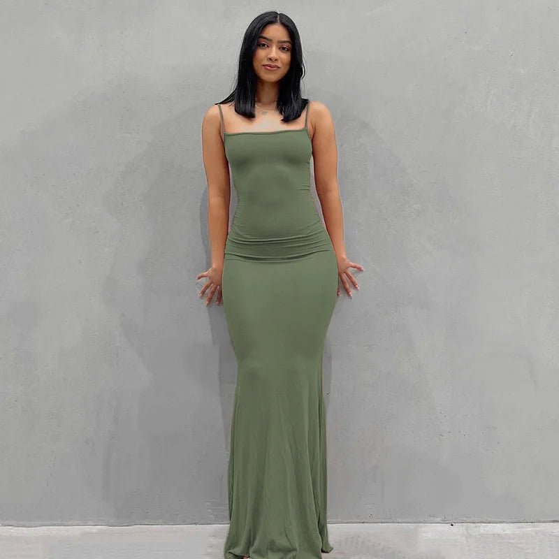 Europe and the United States cross-border foreign trade women 2024 solid color sexy slim high step slip dress green