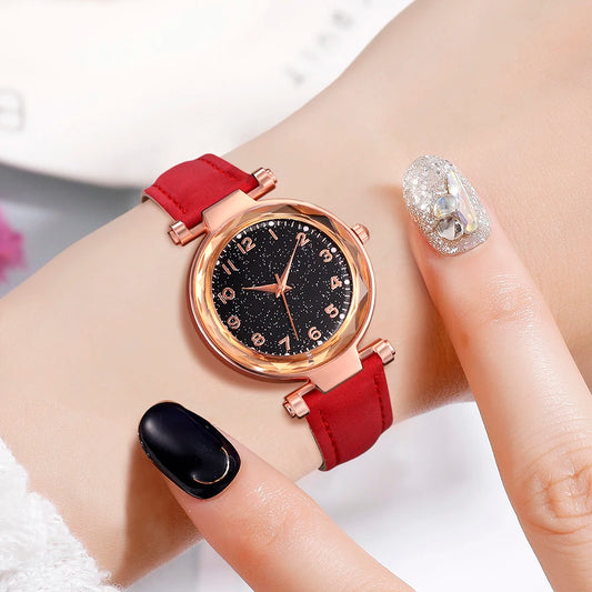 6PCS/Set Red Women's Watch With Minimalist Elements Dial Quartz Watch Latex Strap Cherry Elements Jewelry Set Girl's Gift Badiee Stylez