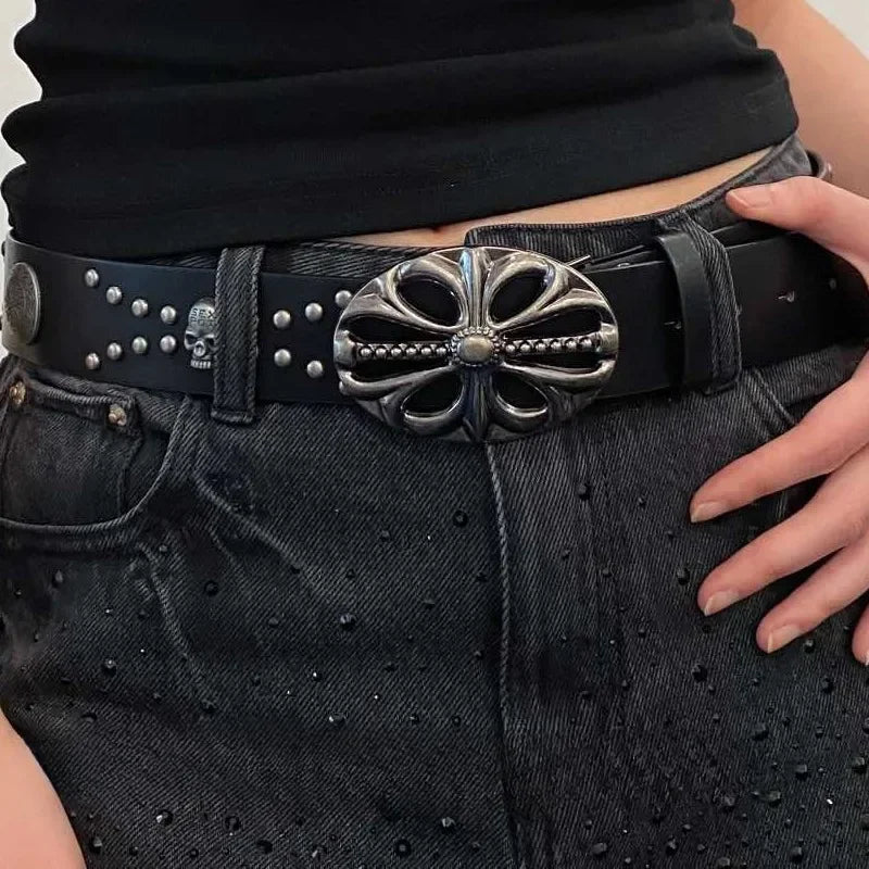 New Men's Belt Bohemian Style Vintage Inlaid Skeleton Head Women's Belt Riveted Belts Six Star Belt Punk Rock Sexpot Y2K Belts