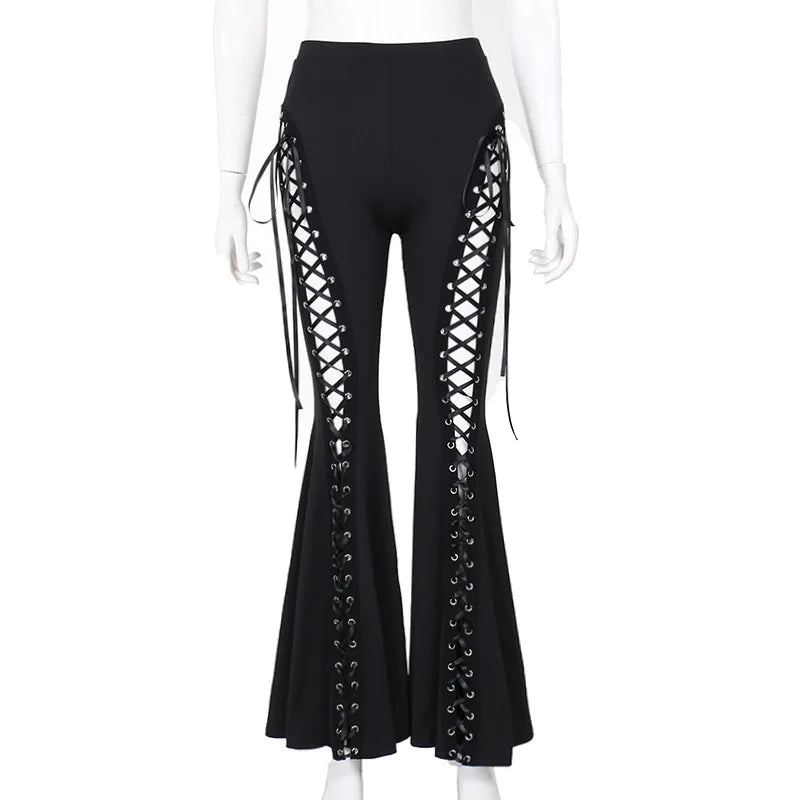 Y2K Summer Cross-band Strap Art Micro-flare Casual Pants Metal Buckle Decoration Personal Pants Women Versatile Sexy Slim Pants Black