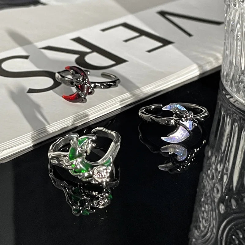 Y2K Moon Rose Ring Irregular Black Women Neo Gothic Hot Girl Design Sense Ring Anime Deep Red Moon Aesthetics Ring Jewelry Gift