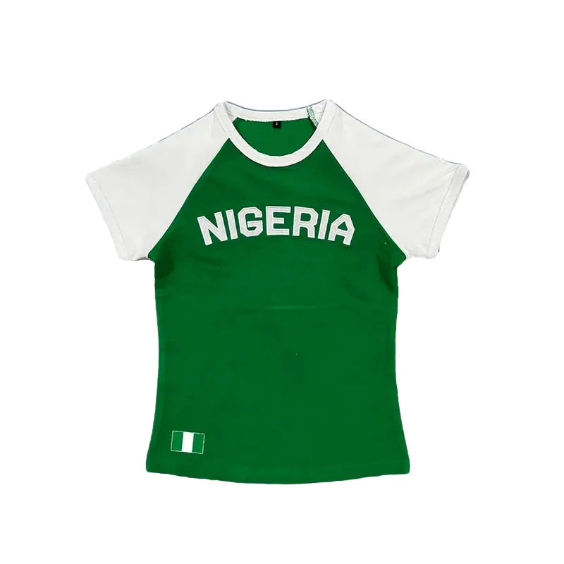2025 Summer New y2k Leisure Color Blocked Embroidered Nigeria Letter Green T-shirt trend 2025 Women's Clothing Crop Top EMO green