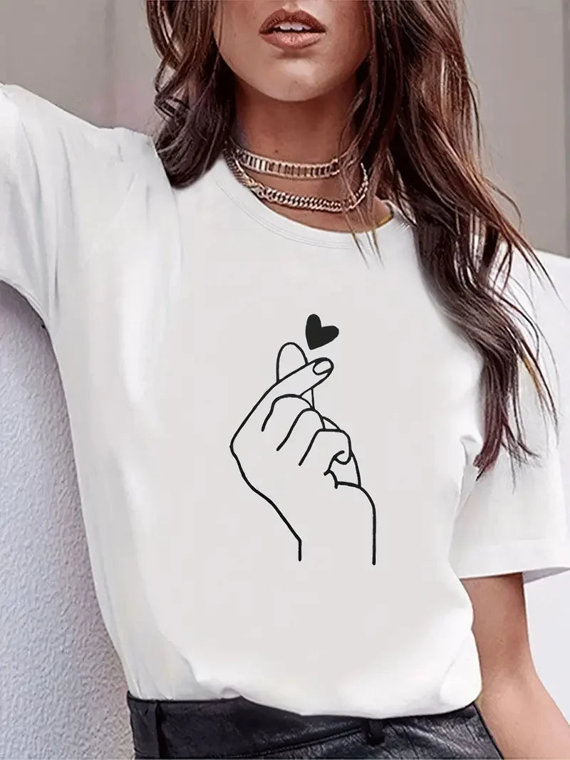 Cute Print Solid Crew Neck T-Shirt, Short Sleeve Casual Every Day Top For All Season, Women's Clothing XY242
