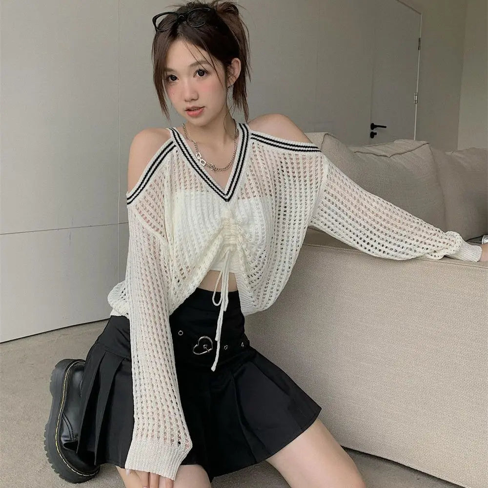 Off Shoulder Hollow Out Shirts Blouses Elegant and Youth Woman Blouse Drawstring Knitted V Neck Tops Vintage Y2k 2022 Fashion WHITE