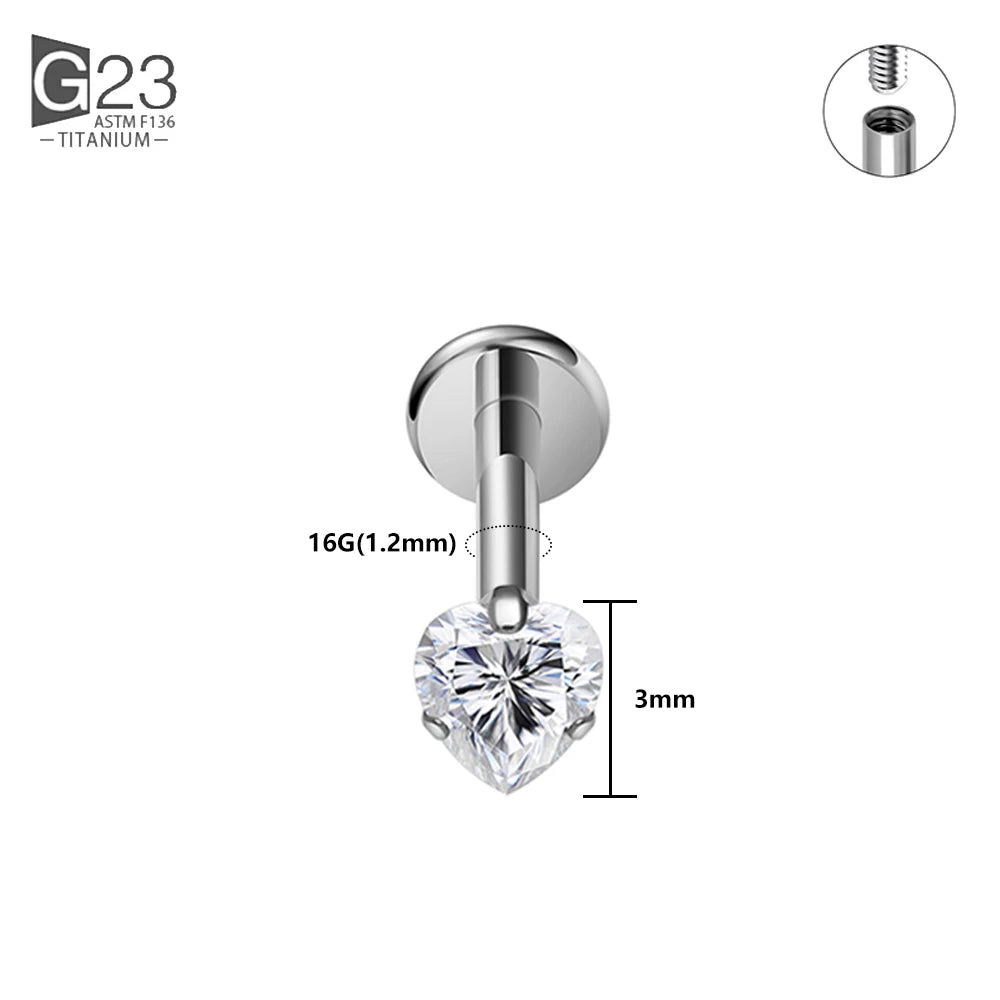 1/10PCS ASTM F136 Titanium 16G Heart CZ Threaded Labret 3mm/4mm CZ Cartilage Tragus Helix Nose Stud Piercing Jewelry 1Pc Tit 3mm CZ