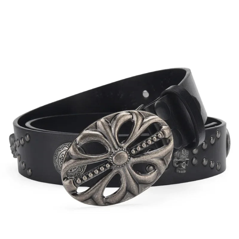 New Men's Belt Bohemian Style Vintage Inlaid Skeleton Head Women's Belt Riveted Belts Six Star Belt Punk Rock Sexpot Y2K Belts Black