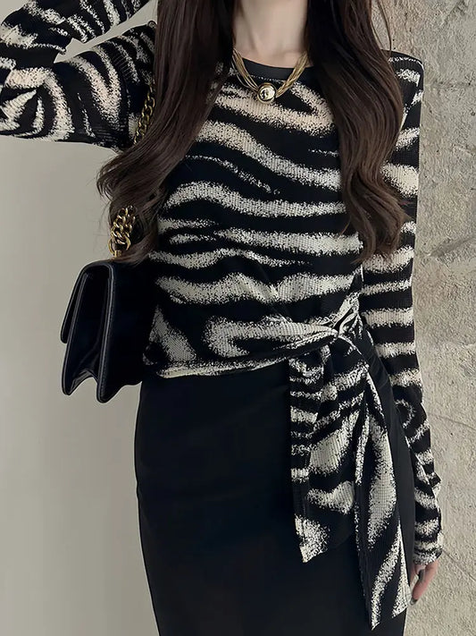 Long Sleeve T Shirt Womens Spring Autumn New Style Irregular Stripe Tie Detail Fitted Crop Top