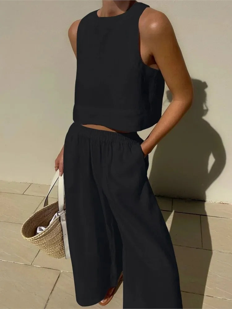 Women's Solid Color Casual Sleeveless Shirt And Pants Two Piece Summer Loose Simple Wide Leg Pants Vest Female 2025 black