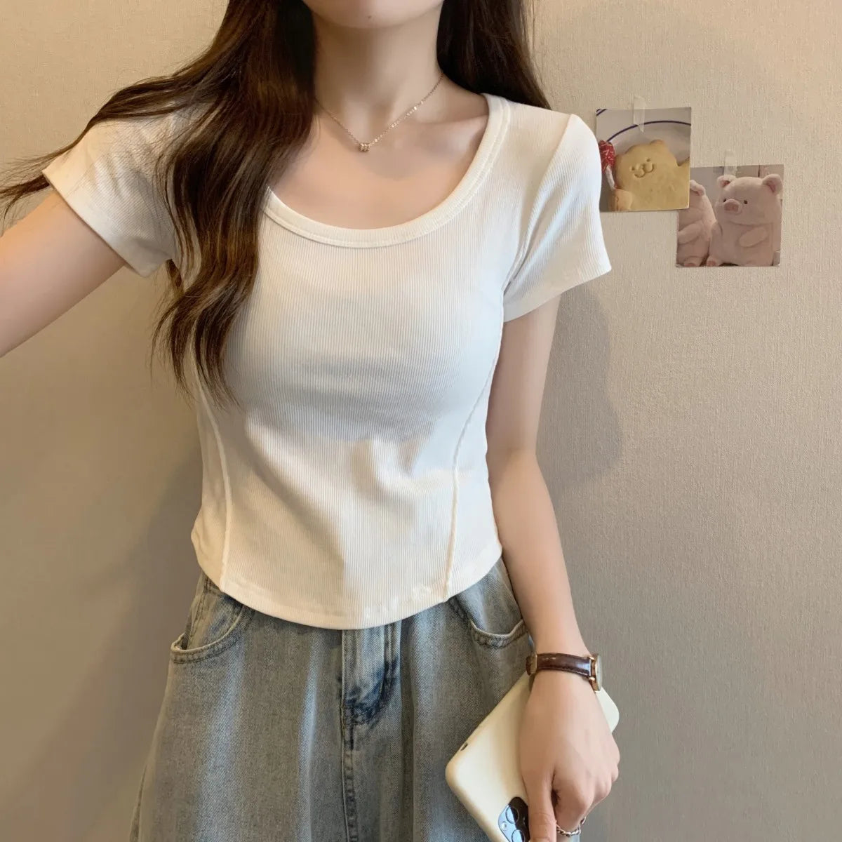 Y2K T-shirt Women V-neck Irregular Short Sleeve Crop Top New Korean Fashion Slim High Waist Solid Tee Shirt Woman Sexy Clothes