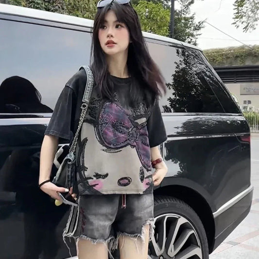Y2K Hello Kitty Girls Short Sleeve Anime Sanrios Cartoon Cute Summer Sweet Cotton Women T-Shirt Kawaii Casual Loose Trend Tops Badiee Stylez